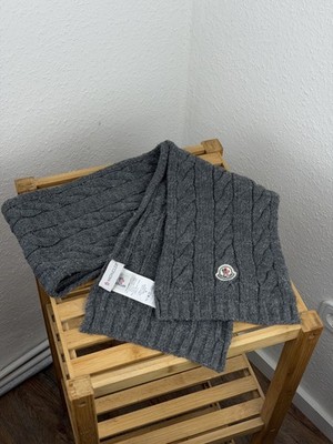 Moncler Grey Cable Knit Wool Scarf Logo Xs/122cms Made In Italy