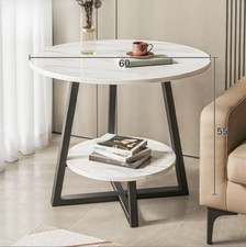 Round 2 Tier Coffee Table Side Tables White Marble Effect End Table Living Room