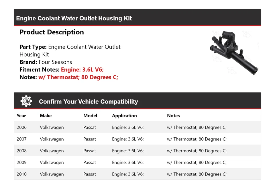Kit de carcasa de salida de agua de refrigerante para motor Volkswagen Passat 2006-10 4 estaciones Foto 2 de 4