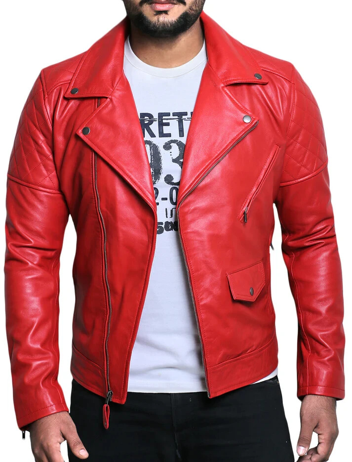 TOP SELLING New Men's Red Jacket 100% Pure Lambskin Moto Biker