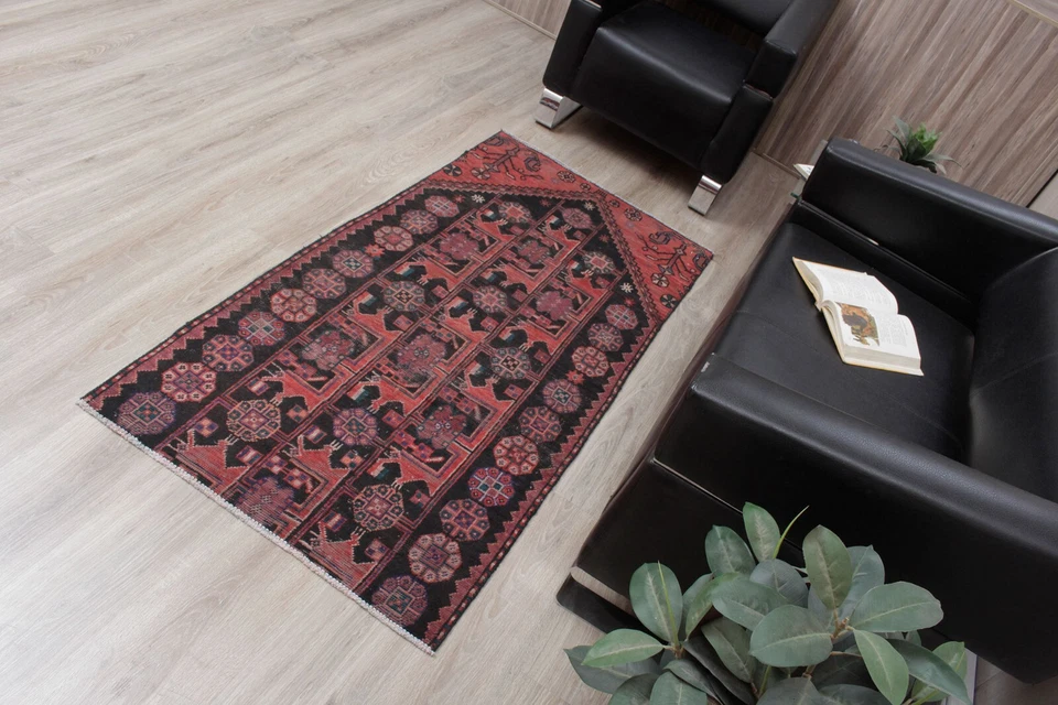 3x6 Traditional BLACK Vintage Anatolian RED Wool Hand Knotted Oriental Area Rug - Image 2 of 4