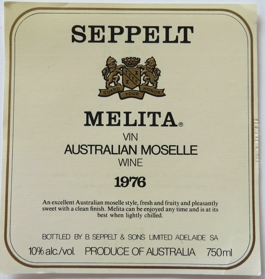Vintage SEPPELT MELITA MOSELLE 1976 Paper LABEL Australia 750ml Wine 5-1/8" - Image 1 of 1