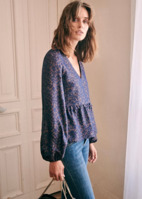 Sezane Bianca Blouse Women FR 36 US 4 Blue Leopard Print Long