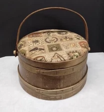 VINTAGE Wood Firkin Sewing Sugar Bucket Barrell Knitting Sewing Basket Box