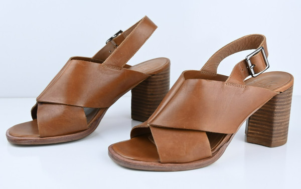 ELK Women's Brown Leather Modern wood block Wedges Heels Sz 36