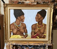 "Gossip Girls"  VANWINKLE ORIGINAL  African woman oil painting, signed 16x20