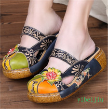 Women's Bohemia Real Leather Slippers Flower Round Toe Platform Low Wedge Heels