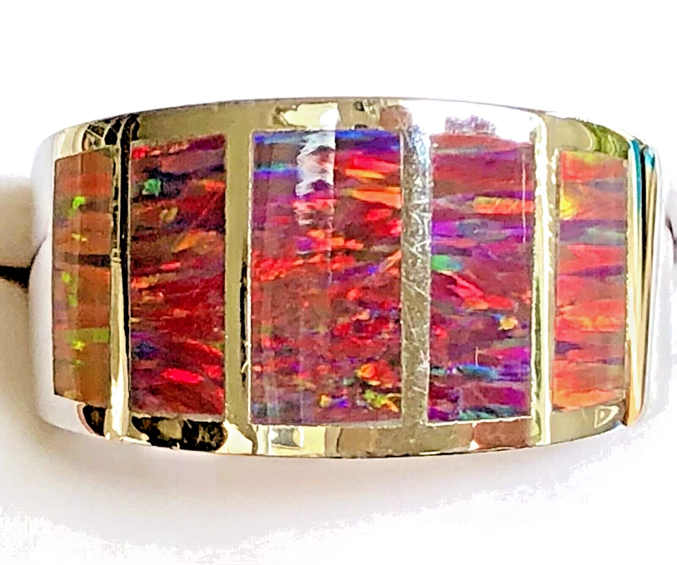 HERMOSO Anillo para Hombre Heavy Rock Rojo Negro Ópalo de Fuego VIDEO Esterlina 13 Z+ 925 Foto 4 de 4