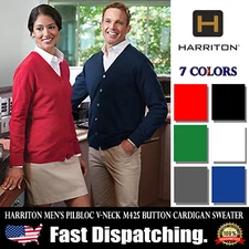 Harriton Men's Acrylic Jersey Pilbloc V-Neck Button Cardigan Sweater M425 XS-6XL