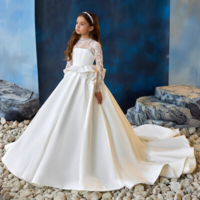 chinese dress ladies Off-Shoulder Long-Sleeve Princess Gown with Tulle Flower Girl Dress Birthday Party Dresses, Off-White