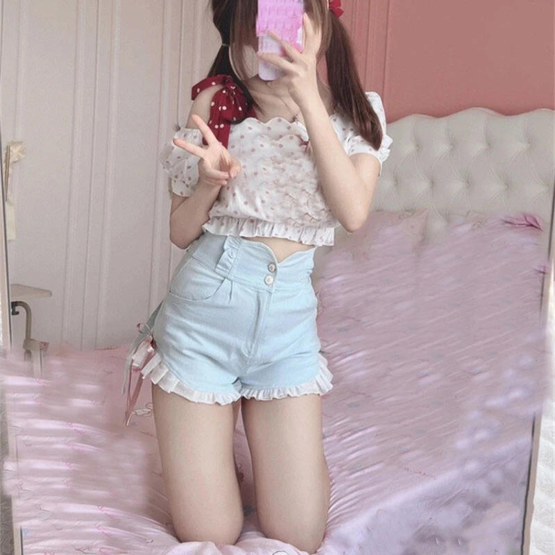 Summer Japanese Sweet Girls High Waist Shorts Denim Short Pants Jean  Trousers