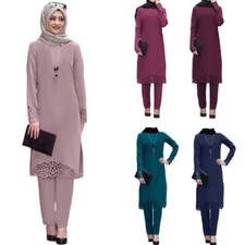 Muslim Women Long Sleeve Blouse Top Long Pants Islamic Outfits Causal Abaya Arab