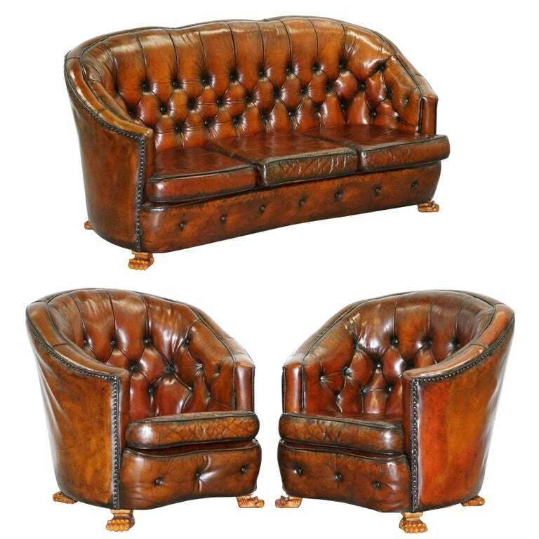 BROWN LEATHER CURVED BACK CHESTERFIELD SUITE SOFA ARMCHAIRS LION HAIRY PAW FEET