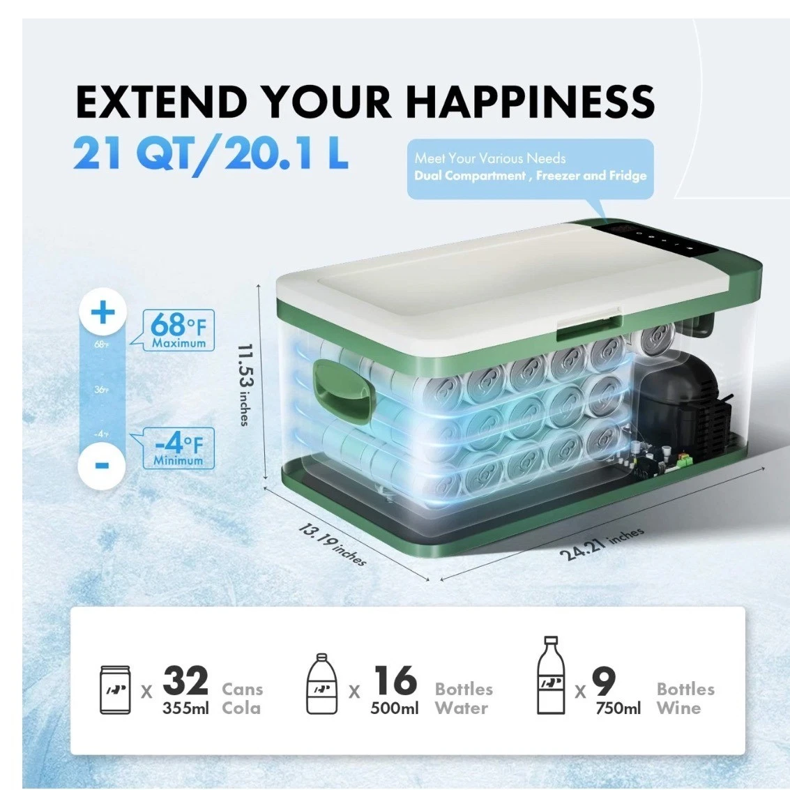 21QT 12v Portable Car Fridge Refrigerator Cooler for Camping Travel Truck Home