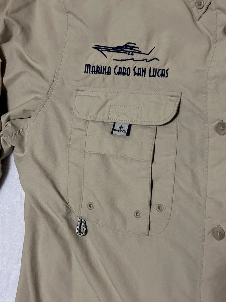 Columbia PFG Mujer S Pesca Botón Abajo Ventilado 2 Bolsillos Tostado Caqui *LEER* Foto 3 de 4