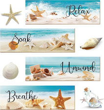 4 Pieces Wood Ocean Beach Bathroom Wall Decors Hanging Seashell Starfish Wooden