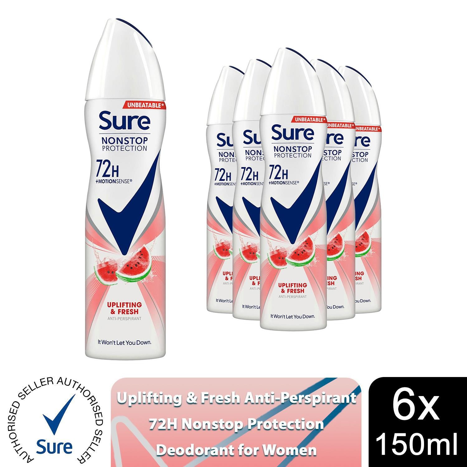 Sure Women Antiperspirant 72H Nonstop Protection Deo Uplifting&Fresh 150ml, 6pk