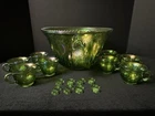 Vintage Carnival Glass Punchbowl w/9 Hooks&Cups Iridescent Lime Harvest Grape