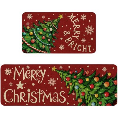 Red Merry Christmas Kitchen Mat Decor, Merry Bright Christmas Tree Kitchen Ru...