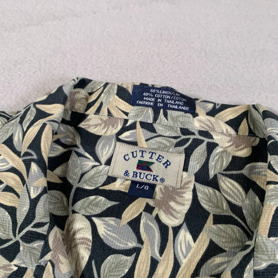 Cutter & Buck Floral Leaf Shirt Mens Large Linen Cotton Hawaiian Camp Aloha VTG - Image 3 of 4