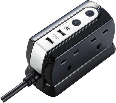 Verlängerungskabel Block 4 Gang geschaltete Steckdosen überspannungsgeschützt mit 2 USB Ports 2m