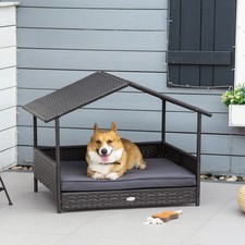 Wicker Dog Bed Patio Rattan Pet Furniture with Cushion, Grey