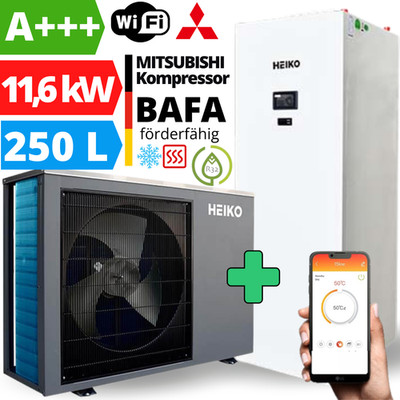 Wärmepumpe Heizung Luft Wasser Monoblock Brauchwasser Speicher 250L 12kW WLAN