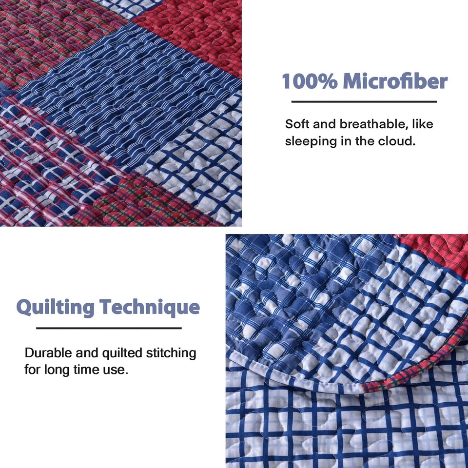 Red Blue Plaid Quilt Set Twin Size Country Patchwork Bedding Lightweight Reve... - Image 3 of 4