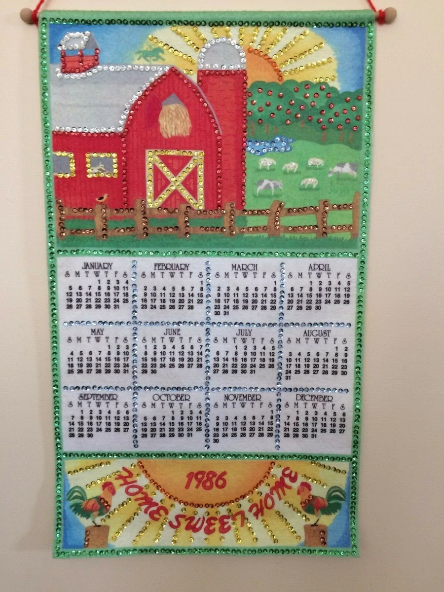VINTAGE 1986 SEQUINED FELT CALENDAR "HOME SWEET HOME" WITH RURAL  SCENE | eBay