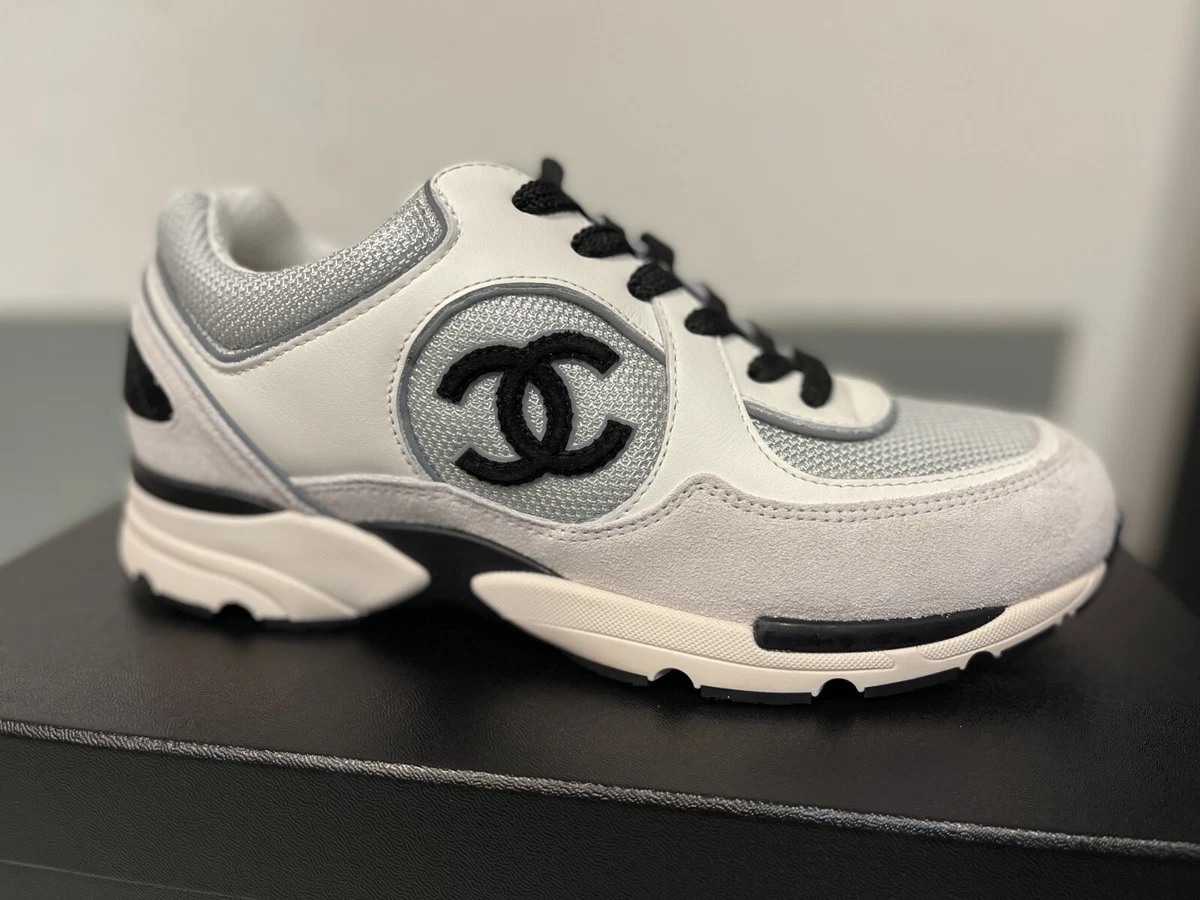 Brand New Chanel Women's Sport Runner Sneakers White Silver Gray Black 38.5