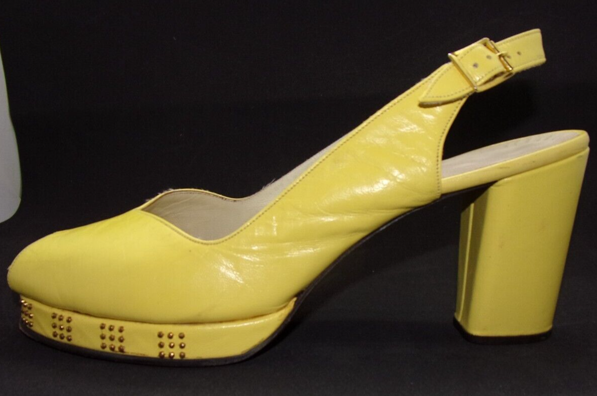 VTG 70s RETRO 40s LEMON Yellow PALIZZIO PLATFORM Studs MULES Sling BACK Heels 8