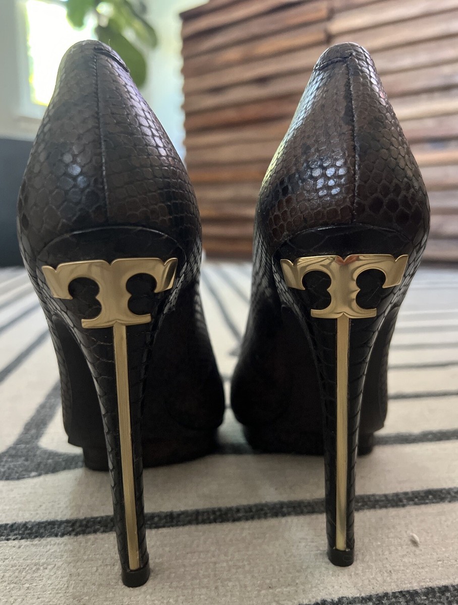 TORY BURCH T metal medallion JUDE SNAKESKIN Platform LOGO HEEL Shoes Brown  Sz 7M