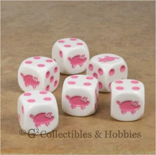 NEW Set of 6 White Dice w/ Pink Pig Six Sided RPG D&D Bunco Game Animal D6 