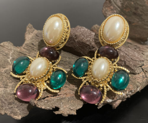 ST JOHN 1980s Green Amethyst Jewels Pearl Signed Dangle Clip On Earrings 3.25” - Afbeelding 1 van 4