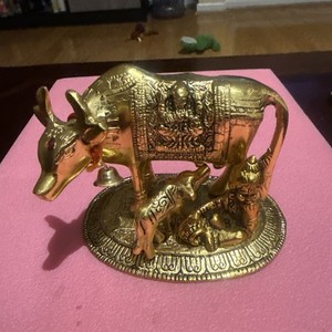 Brass Kamdhenu Cow with Calf & God Krishna Figurine Showpiece For Home Decor