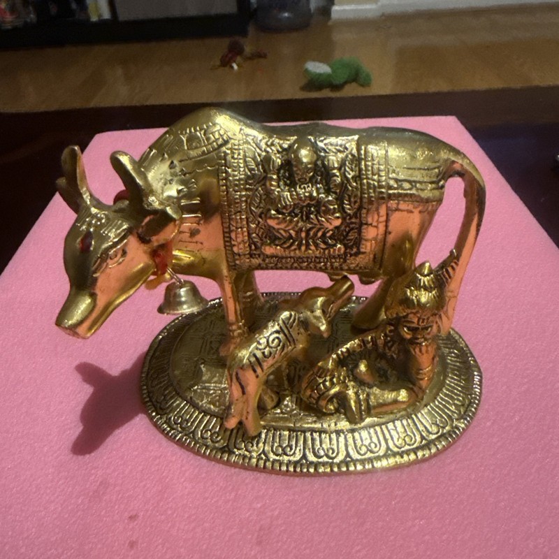 Brass Kamdhenu Cow with Calf & God Krishna Figurine Showpiece For Home Decor