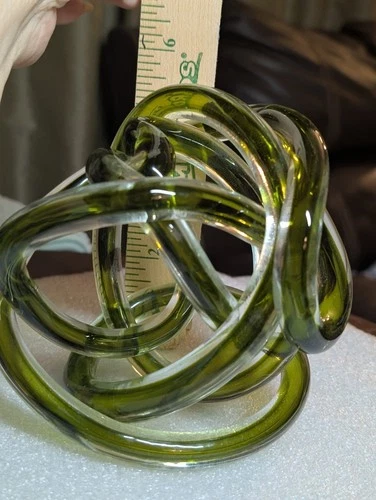 Vth Murano Clear Encased Green Blown Glass Twisted Knot Paperweight Sculpture