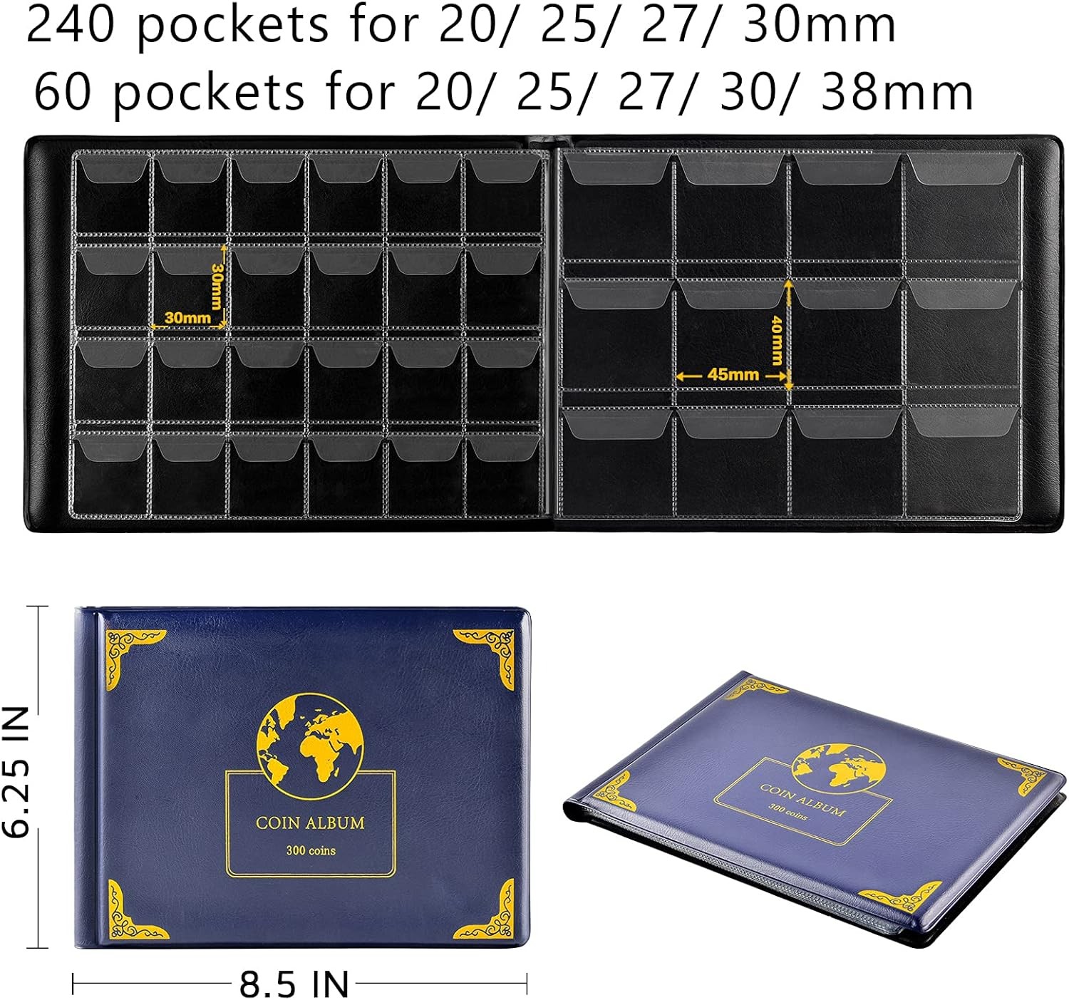 Coin Collection Supplies Holder Book for Collectors, 300 Pockets Blue 