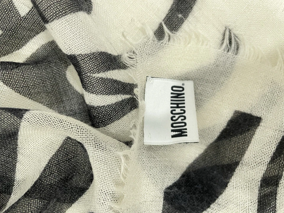 Y1# Moschino Italia Lana Seda Bufanda Negro Blanco Paz Símbolo Estampado Flecos Envoltura Foto 3 de 4