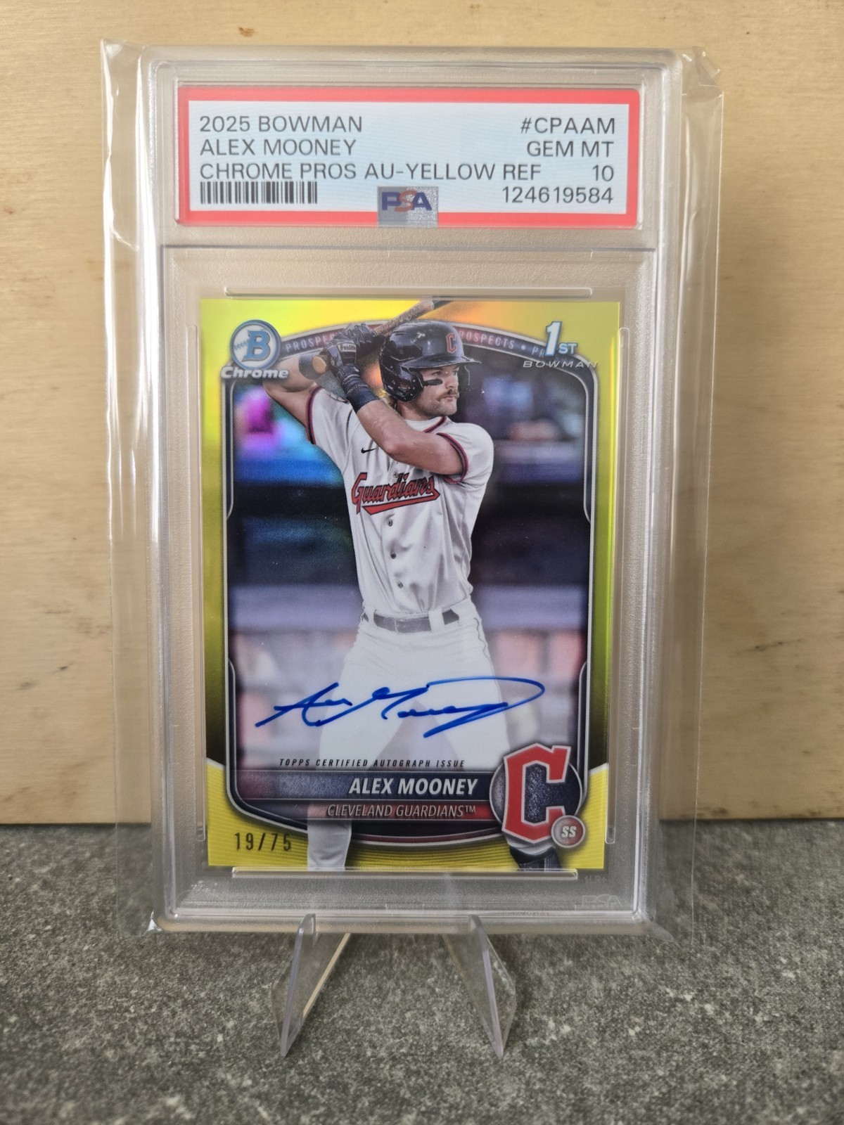 2025 Bowman Chrome Autographs Alex Mooney #CPA-AM Yellow Refractor /75