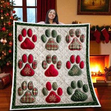 Christmas Paw Print Quilted Blanket Cozy Pet Lover Cat Paw Xmas Throw Gift