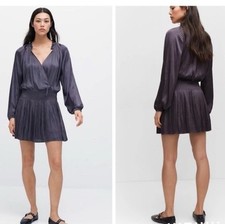Mango  Purple Preppy Smoked  Satin Minimalist Flowy Pleated Wrap Mini Dress 10