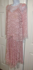VTG 1970s 2 pc. layered dress pink lace padded-shoulder Midi Long-sleeve Wm. M/L