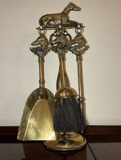 VTG Brass 5-Piece Greyhound Motif Fireplace Companion Set