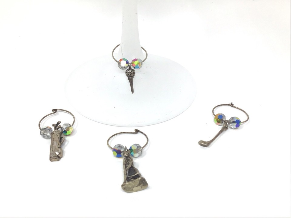 Pewter Wine Glass Charms Women’s Golf Themed Markers AB Glass Beads Set