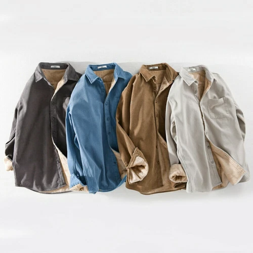 Camisa Para Hombres Pana Forrada de Vellón Manga Larga Cuello Cálido Top Blusa Bolsillo - Imagen 2 de 21