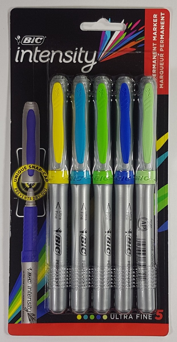 5pc BIC Intensity Permanent Markers Ultra Fine Unique Snap Cap