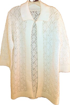 Vintage 100% Wool Kimono Style Hand Crocheted  Sweater Jacket Sz L Soft Ivory 