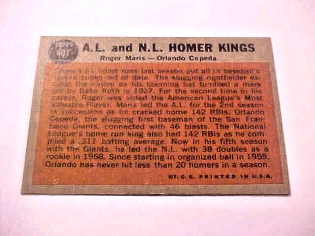 TOPPS 1962 Baseball Card #401 AL & NL Homer Kings   Roger Maris Cepeda SC55 - Image 4 of 4