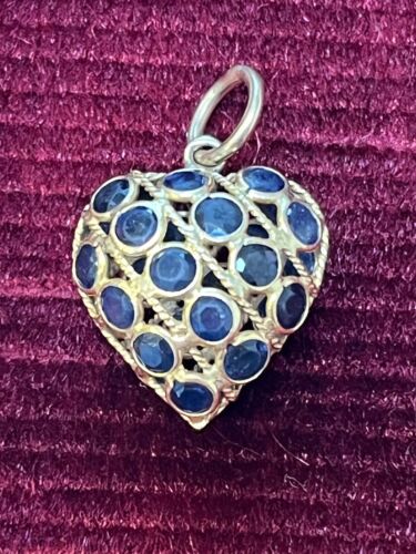 14K Gold Natural Sapphire Laced 3D Heart Pendant /Charm Mothers Day Special! - Picture 1 of 5